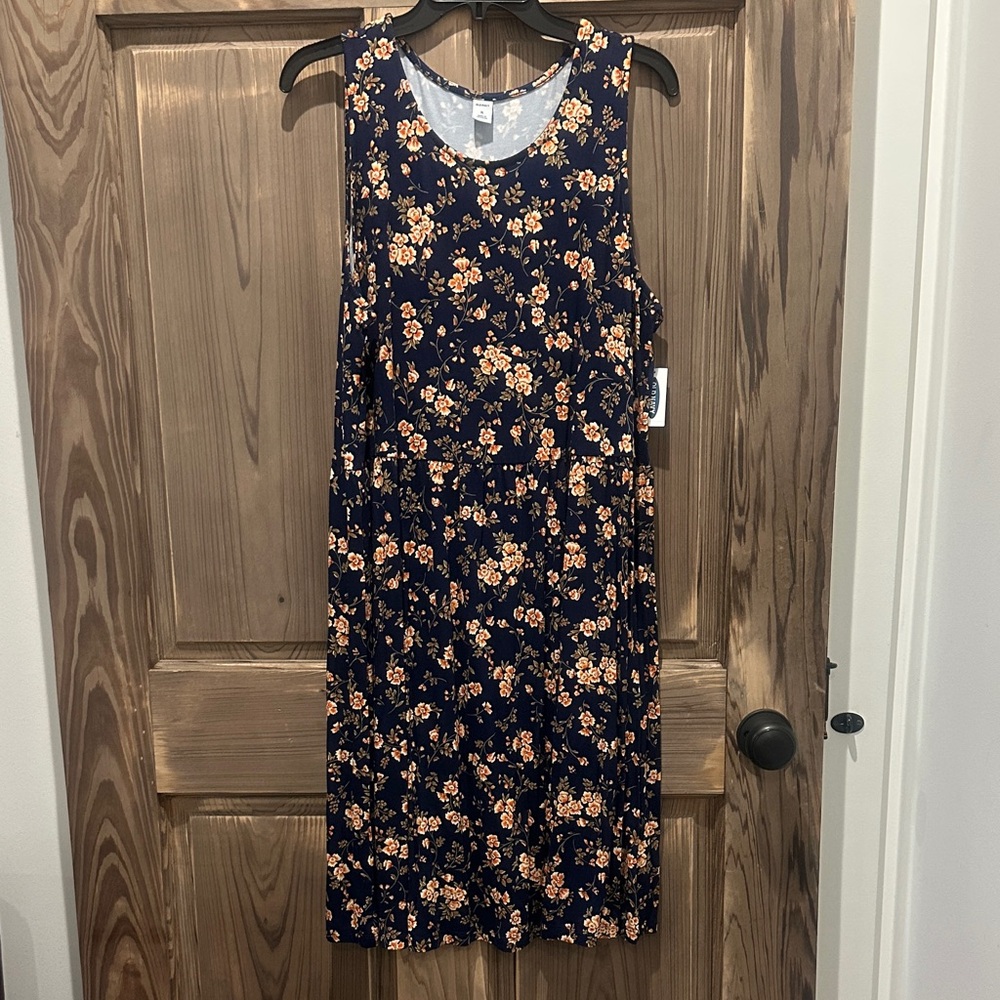 Floral  Sleeveless Dress - Navy and Orange